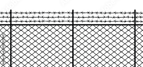 The image shows a black and white illustration of a chain-link fence topped with three rows of barbed wire.  The style is simple and graphic, lacking any contextual elements beyond the fence itself.