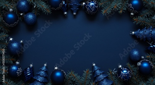 Festive Christmas Decoration With Blue Ornaments And Fir Branches Background Photo