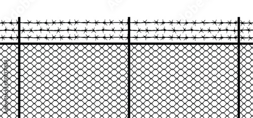 The image shows a black and white illustration of a chain-link fence topped with three rows of barbed wire.  The style is simple and graphic, lacking any contextual elements beyond the fence itself.