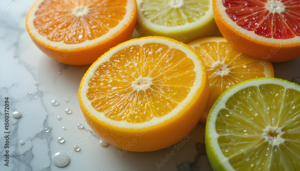 Fototapeta premium Sliced Citrus Fruits with Water Droplets on White Marble Background