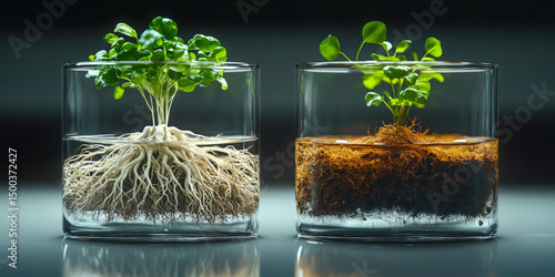 Healthy versus unhealthy plant roots showcased in clear containers highlighting differences in growth and soil quality