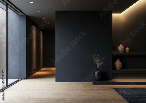 Modern minimalist interior, dark tones, Japanese aesthetic