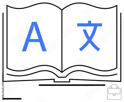 Open book displaying Latin and Asian characters, symbolizing language diversity. Ideal for translation, education, cross-cultural communication, global business, linguistics, literature, simple