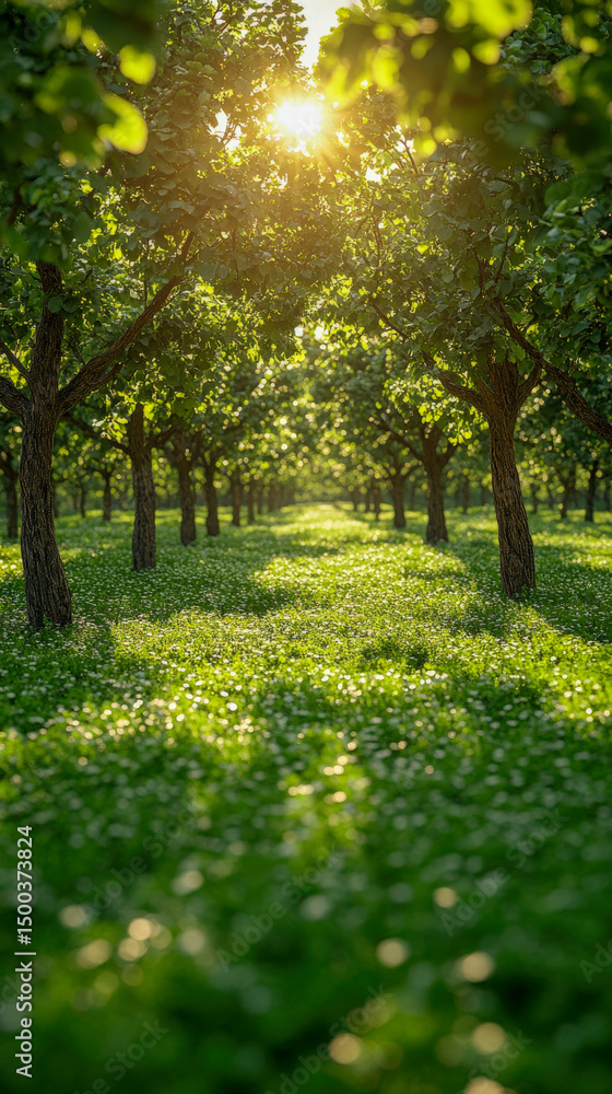 Naklejka premium Green manures thrive as cover crops under orchard trees in a lush green setting during golden hour sunlight