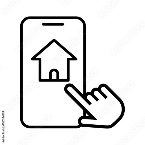 オンラインで物件を探すスマホと手の線画アイコン