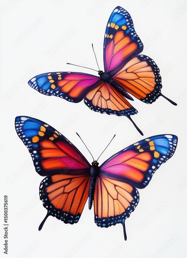 Fototapeta premium two vibrant butterflies with orange, blue, pink, and black wings displayed against a white background showing delicate patterns and graceful flight