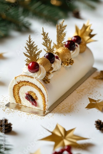 Festive log cake with gold accents