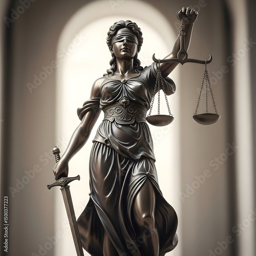 Classical Lady Justice statue with sword and scales in dramatic lighting - AI generated