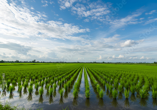 Green rice paddy field under cloudy sky