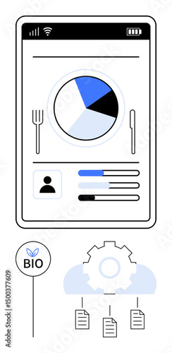 Mobile app screen with pie chart, user profile, progress bars, bio tracker, cloud gear, and documents. Ideal for health tracking, nutrition, data management fitness monitoring bioinformatics tech