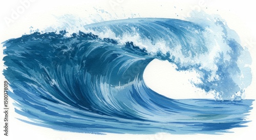 Illustration of a Blue Watercolor Wave with White Splash Against White Background