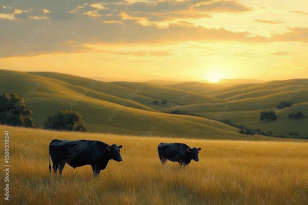 Two black cows grazing in a golden grassy field under a soft glowing sunset with rolling hills and scattered trees in the background Two black cows grazing in a golden grassy field under a soft glowing sunset with rolling hills and scattered trees in the background