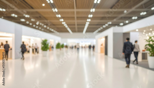 Blurred Exhibition Hall Background with People Walking and Bright Lights in Modern Interior Architecture