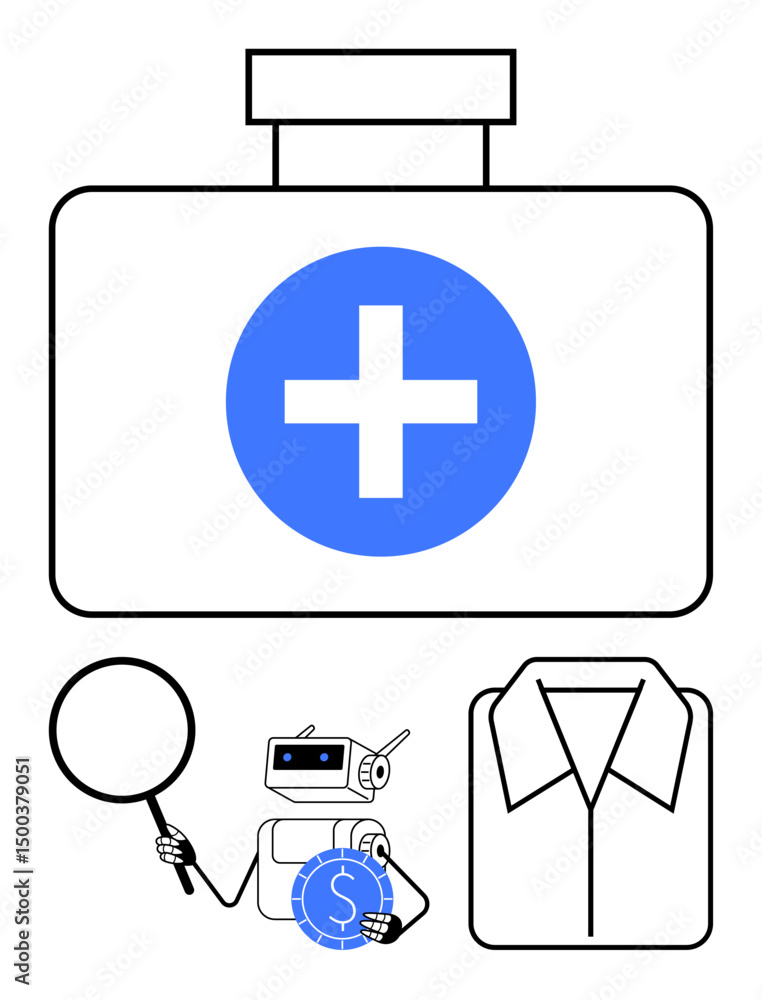 Obraz premium Robot inspects coin with magnifying glass, positioned near medical kit with cross and shirt. Ideal for healthcare, finance, technology, automation, retail, analysis cost-efficiency. Flat simple