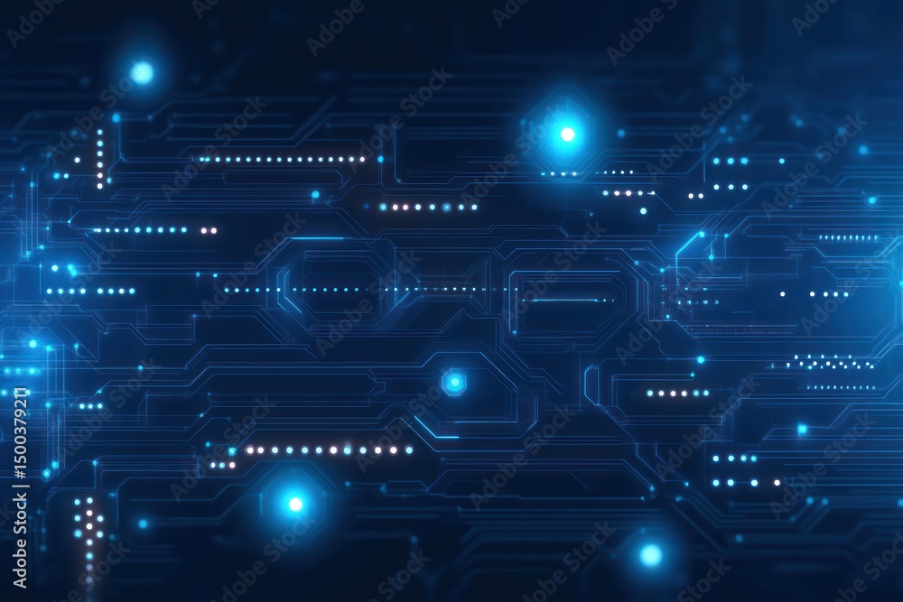 Fototapeta premium Glowing blue digital circuit board with interconnected lines and dots representing electronic data flow and futuristic technology