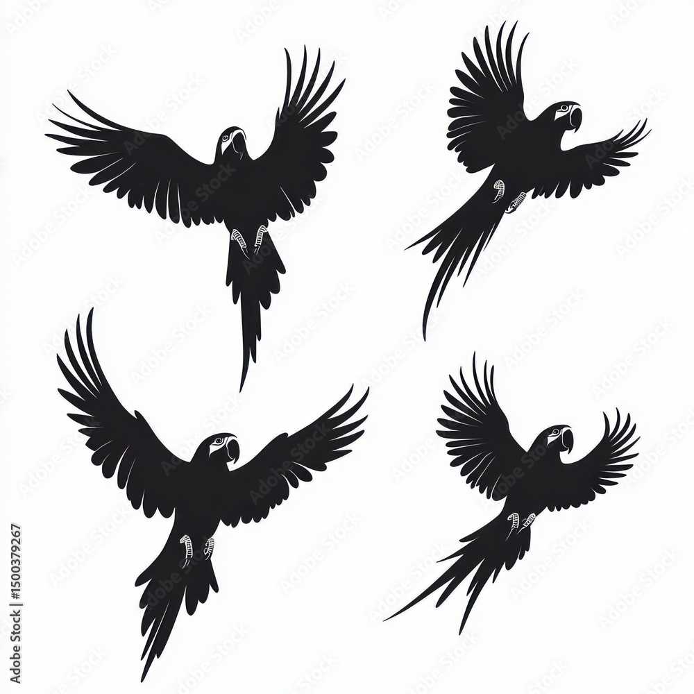 Fototapeta premium silhouettes of four parrots in various flying poses with wings spread wide on a white background