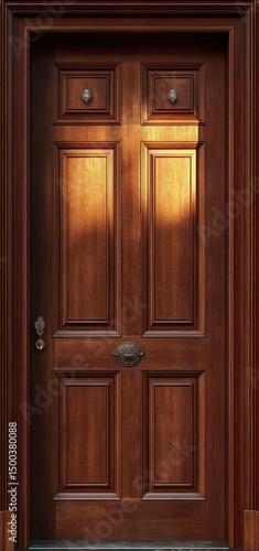 ornate closed wooden door with decorative panels and metal embellishments bathed in warm light