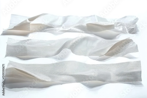 Wallpaper Mural three white torn and wrinkled fabric strips arranged parallel on a white surface with soft lighting and shadows Torontodigital.ca