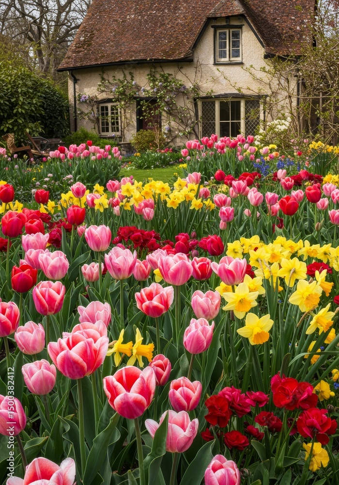 Fototapeta premium Photo Of A Colorful Garden With Tulips And A Cottage On A Sunny Day