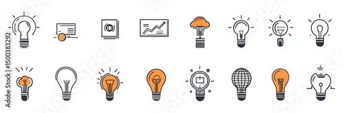 Collection of various stylized light bulb icons in black and orange representing ideas, innovation, energy, and creativity in simple line art style