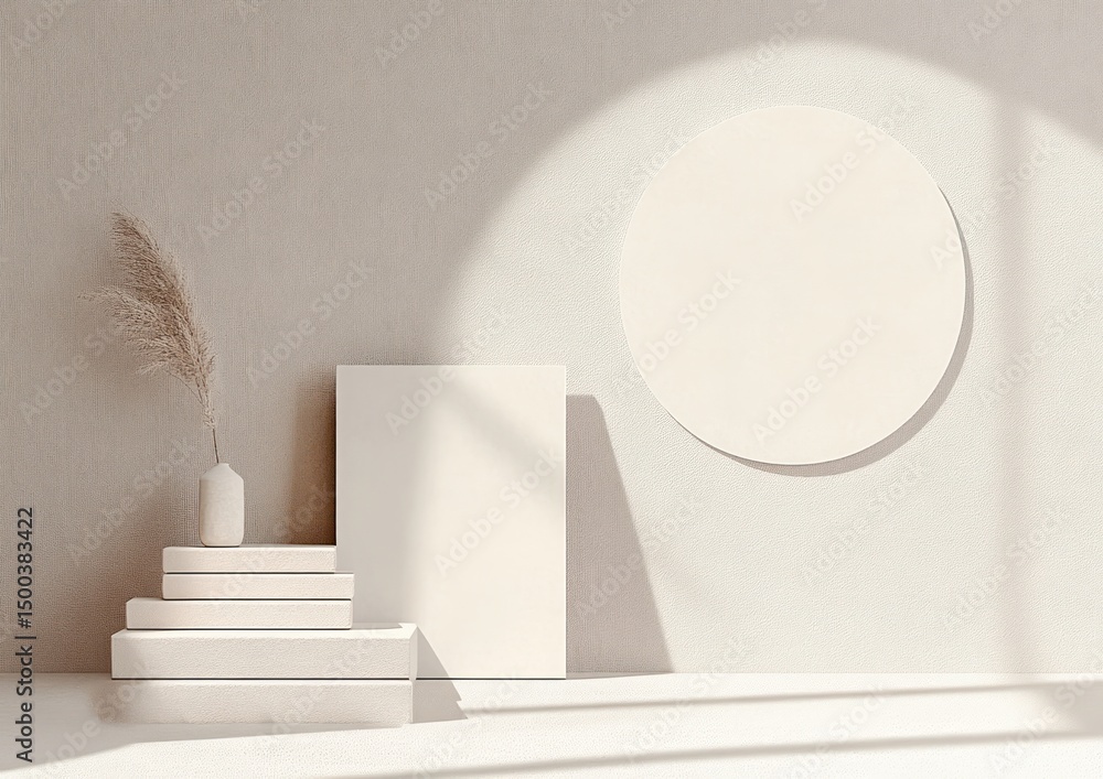 Fototapeta premium Minimalist beige and white composition with stacked rectangular blocks, a small vase with dried pampas grass, a blank vertical canvas, and a large circular wall decoration with soft natural shadows