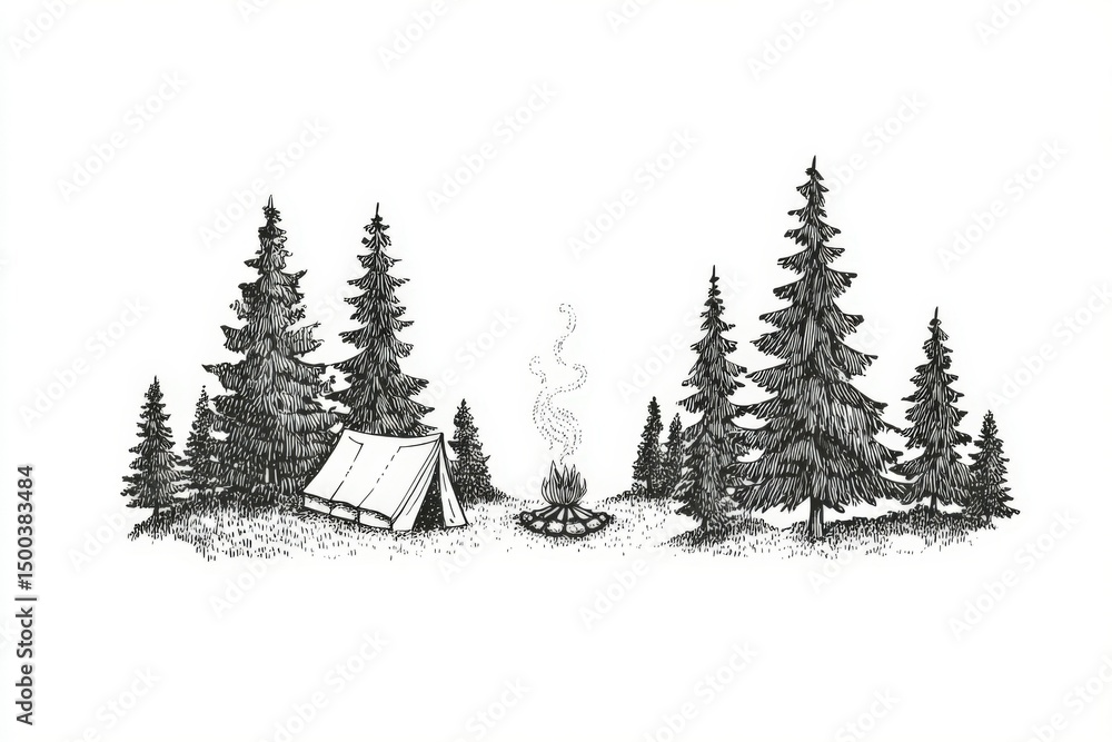 Fototapeta premium Black and white illustration of a camping scene featuring a tent, campfire, and tall pine trees, evoking a sense of adventure and tranquility in nature