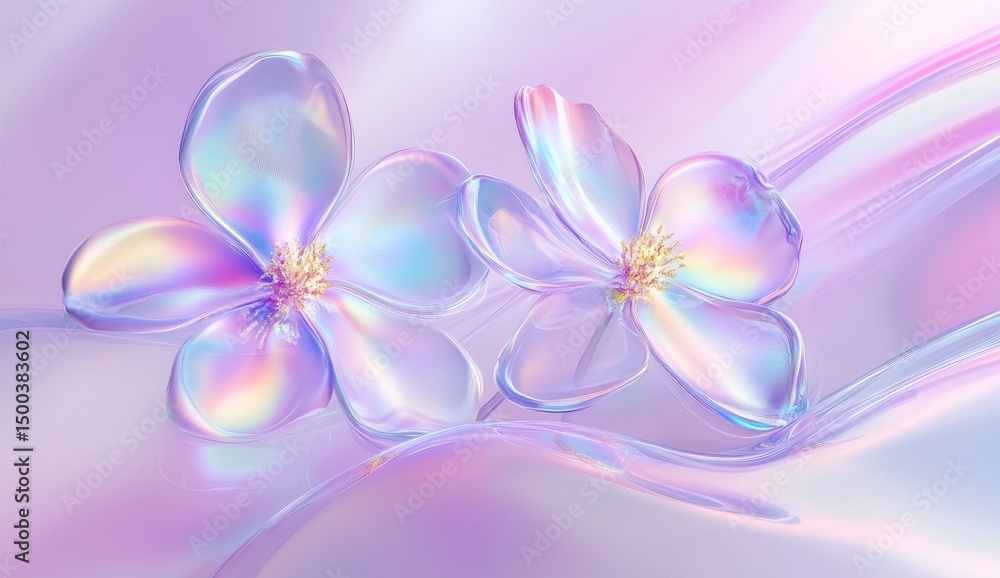 Fototapeta premium Two iridescent, translucent flowers on a smooth, pastel background