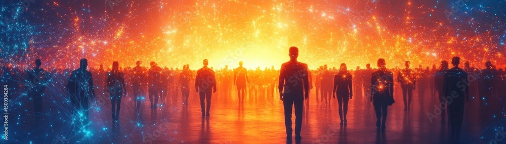 Fototapeta premium Silhouettes of people standing and walking amid glowing network connections with a bright, warm light in the background suggesting unity and digital connectivity