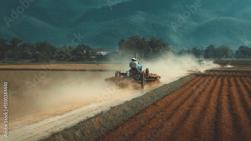 Farm machinery in action rural landscape agriculture photography dusty environment wide angle view farming concept