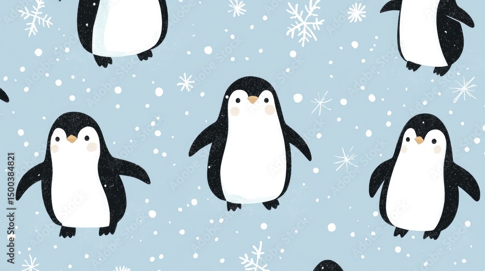 Obraz premium Cute penguin pattern on light blue background with snowflakes