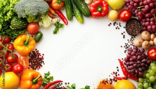Fresh produce arranged in a circle around a white space