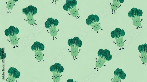 Playful cartoon broccoli characters on light green background