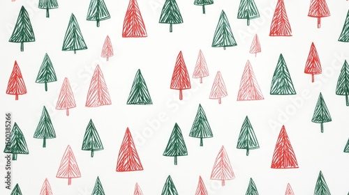 Green and red hand-drawn christmas trees pattern on white background