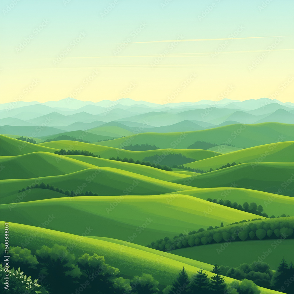Green rolling hills and mountains in the distance. Arcadia. Illustration Green rolling hills and mountains in the distance. Arcadia. Illustration