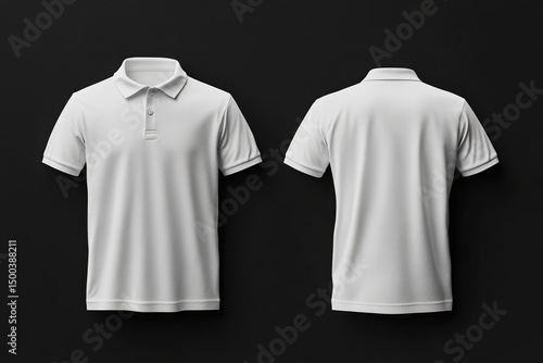 Blank white polo shirt, front and back views, on black background