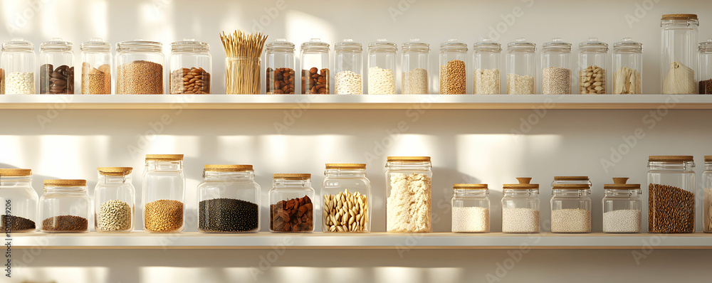 Organized pantry shelves with glass jars Organized pantry shelves with glass jars