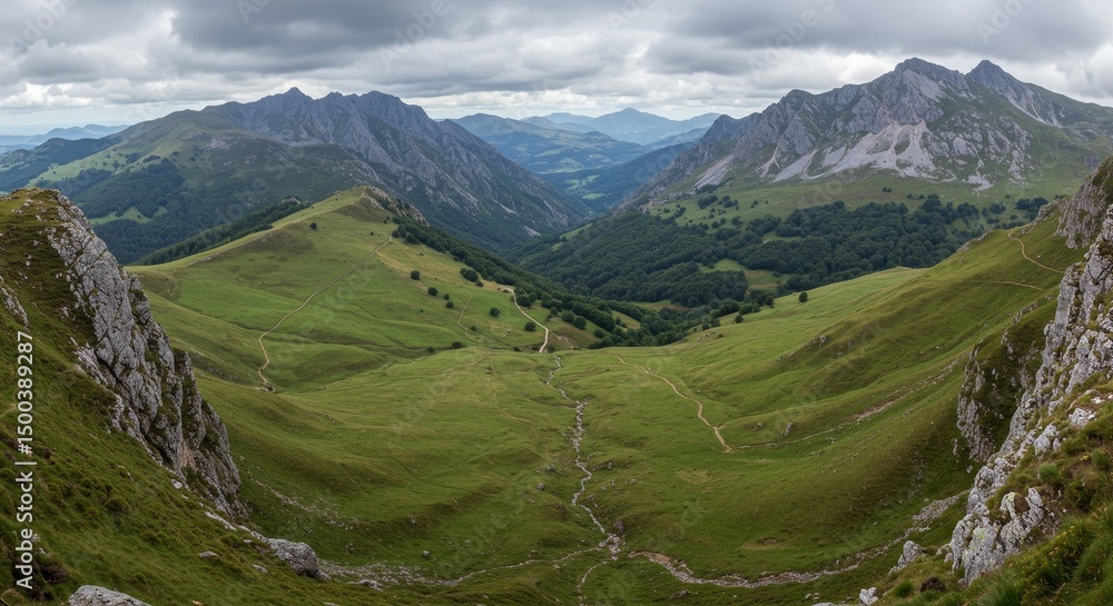 Fototapeta premium Panoramic View of Mountain Valley with Green Grass Rocks and Trees Photo