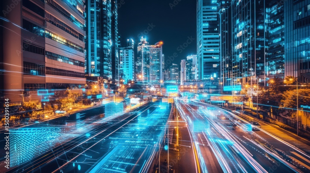 Fototapeta premium Futuristic urban landscape with light trails and modern architecture at night