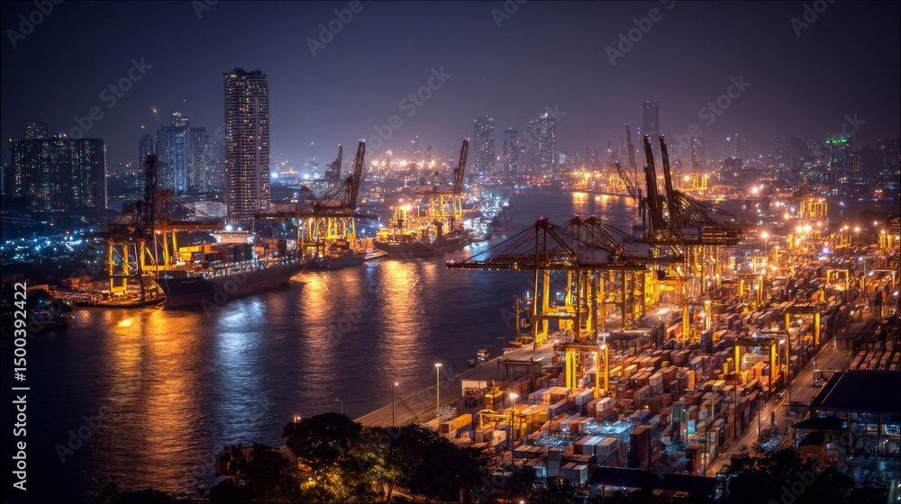 Fototapeta premium Nighttime industrial activity port city aerial view urban environment container shipping operations