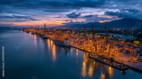 Harbor operations at dusk port city aerial view industrial environment serene reflection
