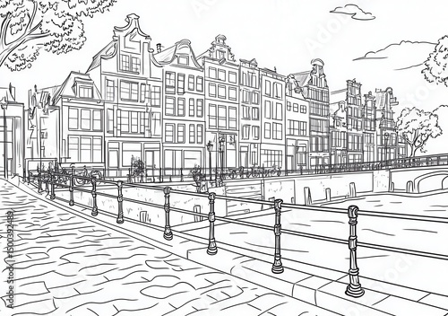 Schizzo a matita di un canale e di edifici storici