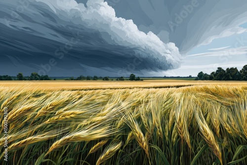 Dramatic landscape featuring golden wheat field under a stormy sky, with dark clouds rolling in, creating a striking contrast between nature's beauty and impending weather