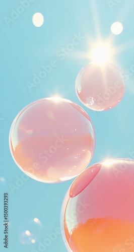 Pink Bubbles Floating Sunny Sky.