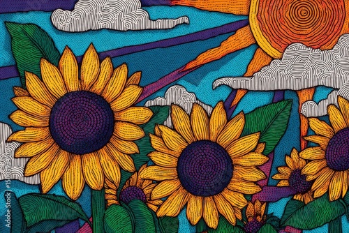 Vibrant sunflower illustration with bold colors, intricate line work, and a bright sun in the background, creating a cheerful and lively atmosphere in a floral scene