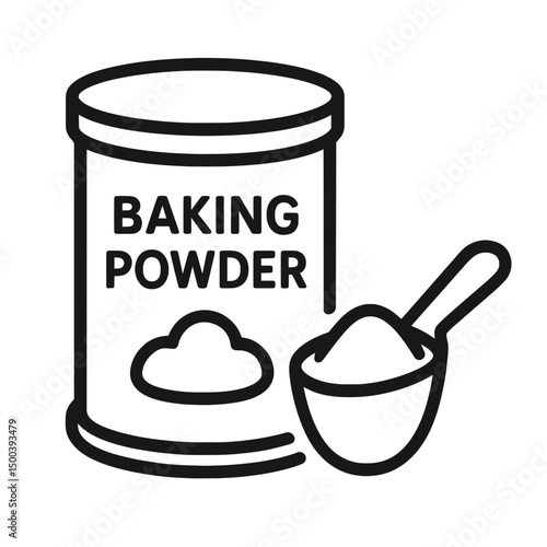 Outlined vector illustration of labeled baking powder container with scoop and powder on transparent background. Food concept