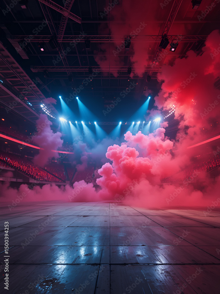 Fototapeta premium Bright stadium arena lights, Smoke bombs, empty dark scene, neon light, spotlights The concrete floor and studio room with smoke float up the interior texture, night view for display products