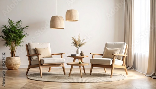 Cozy Wooden Chairs Living Room Interior.