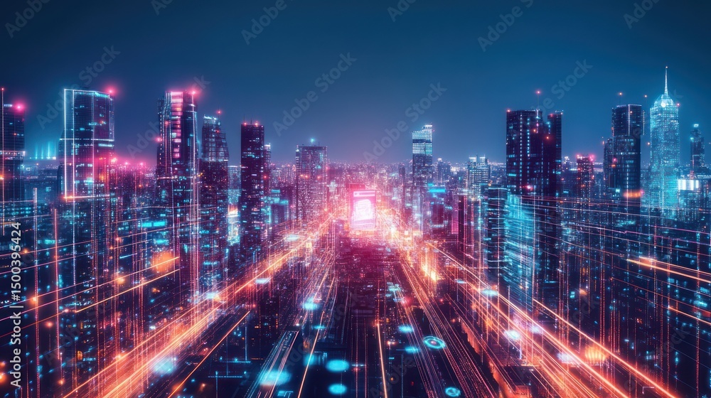 Futuristic cityscape with interconnected network visualization and glowing skyscrapers Futuristic cityscape with interconnected network visualization and glowing skyscrapers