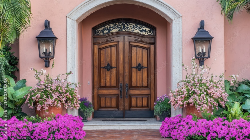 Fototapeta Elegant Italian facade featuring double wood doors, cascading flowers, and black wrought-iron lanterns