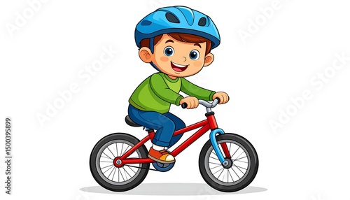 Happy boy riding bike with white background.